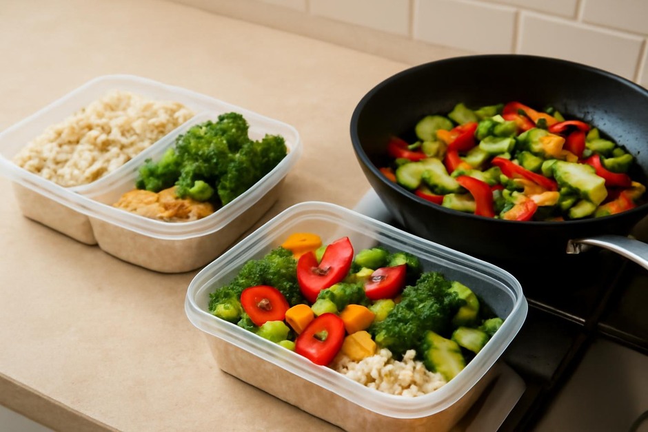 Two meal prep containers and a stove with sauteed vegetables representing batch cooking and ingredient assembly