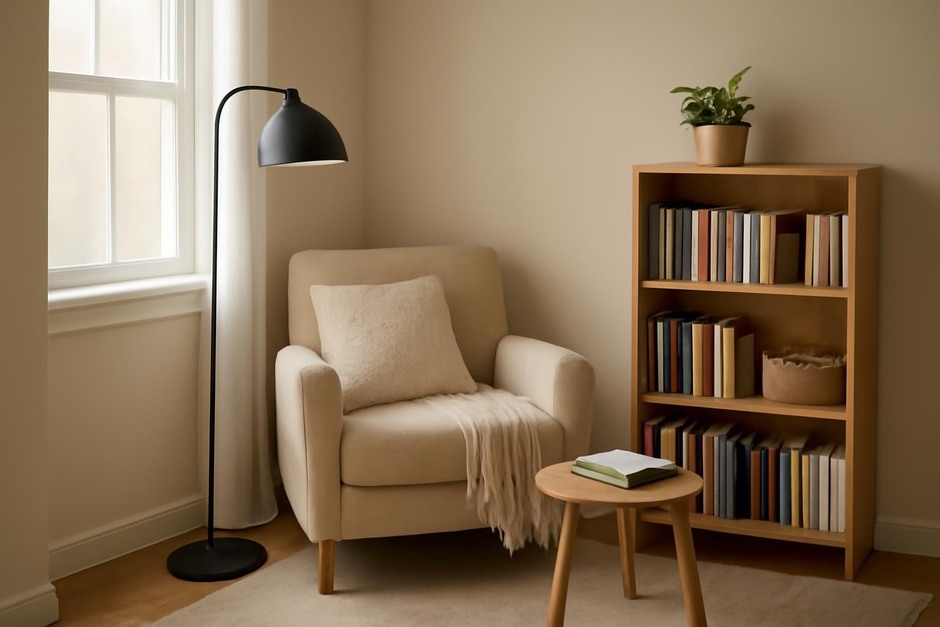 Cozy compact reading nook with lamp and small bookshelf