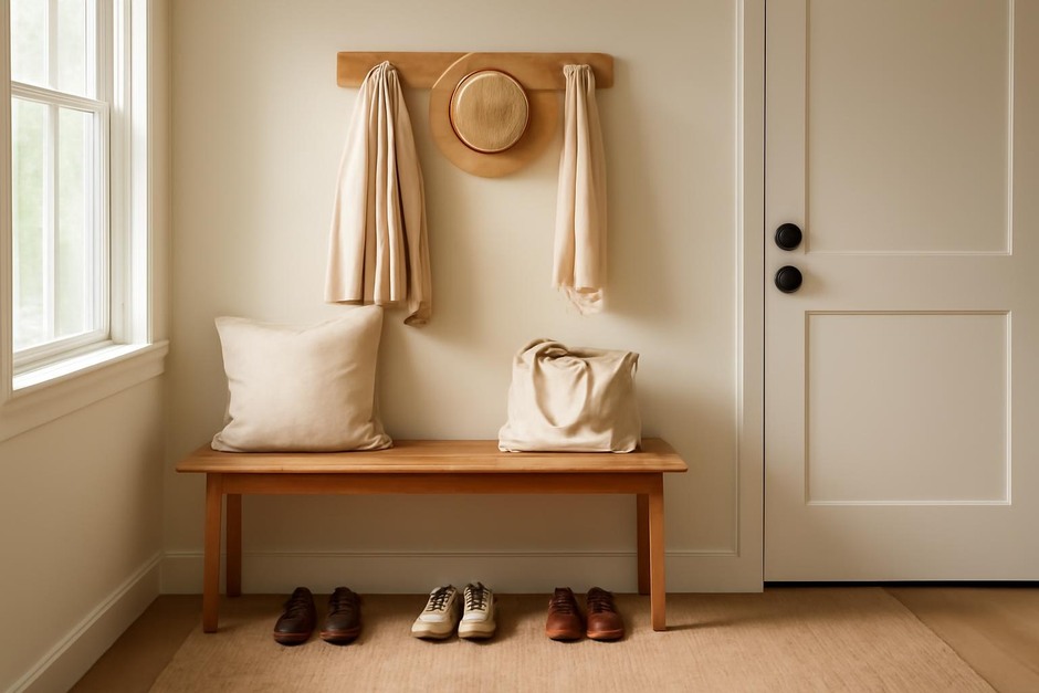 A calm entryway with a bench, hooks, and neatly stowed shoes