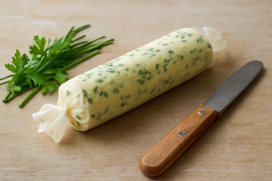 A log of compound butter wrapped in parchment with fresh herbs and a butter knife