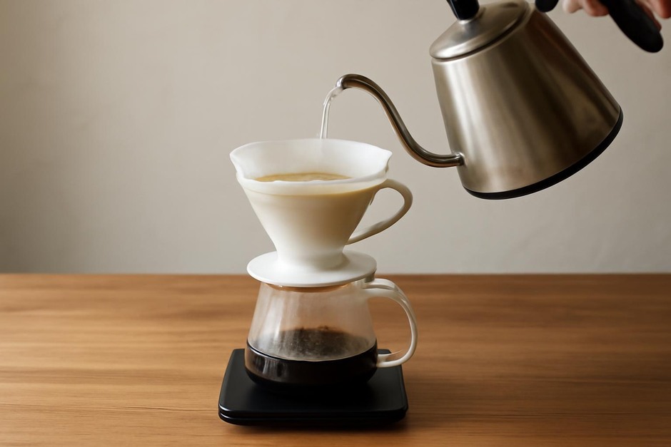 A pour-over dripper, paper filter, and a kettle over a scale on a wooden countertop