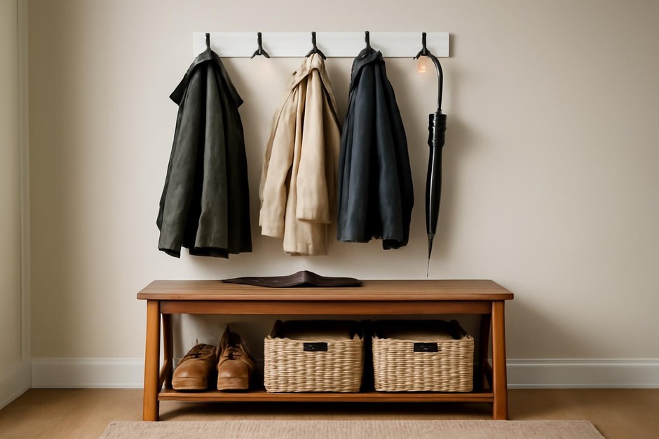 Entryway bench with baskets and wall hooks holding coats and umbrellas