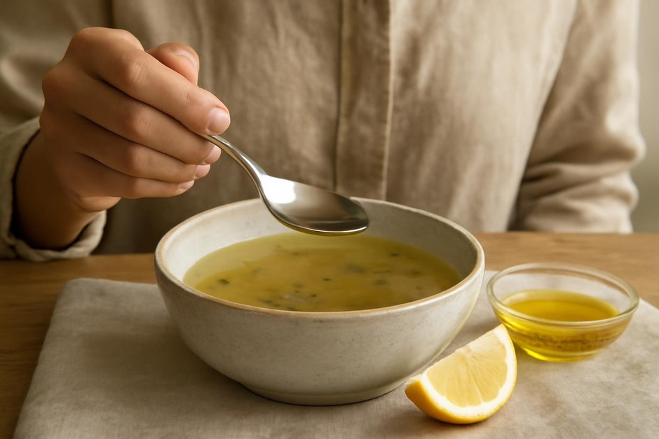 A small spoon tasting a bowl of simple soup with lemon wedge and olive oil
