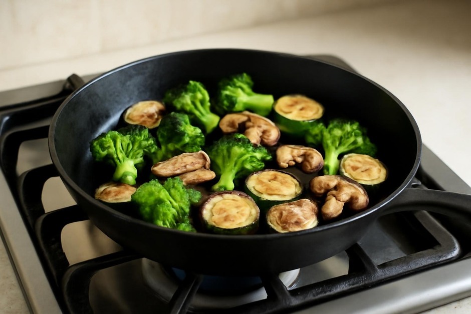 A skillet on a stovetop with vegetables and a golden sear