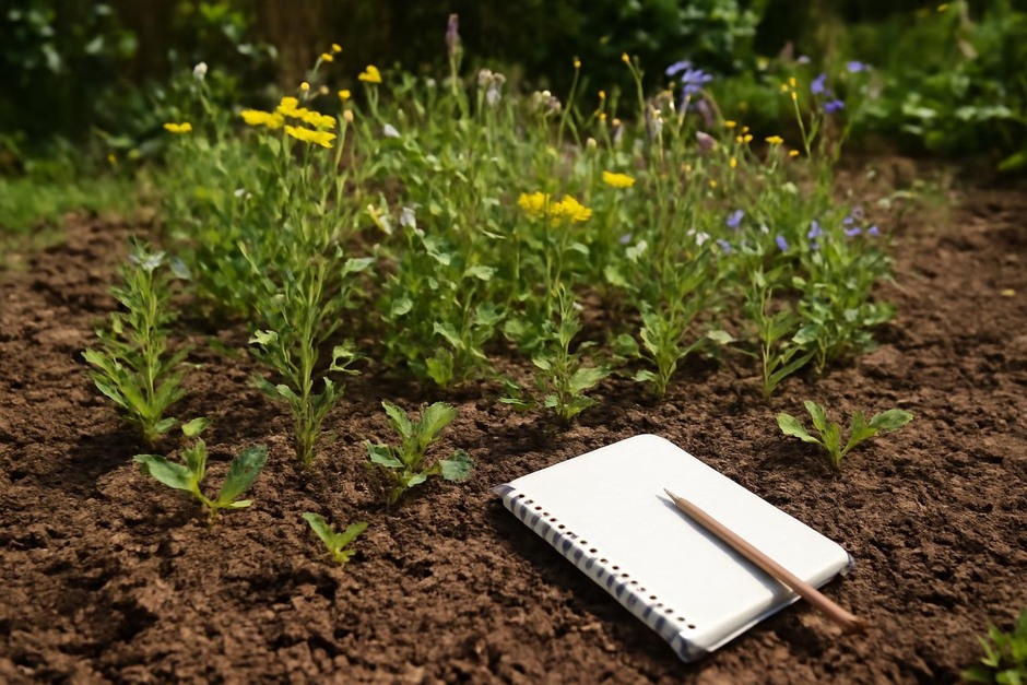 A small sunny wildflower patch with seedlings and a notebook for observations