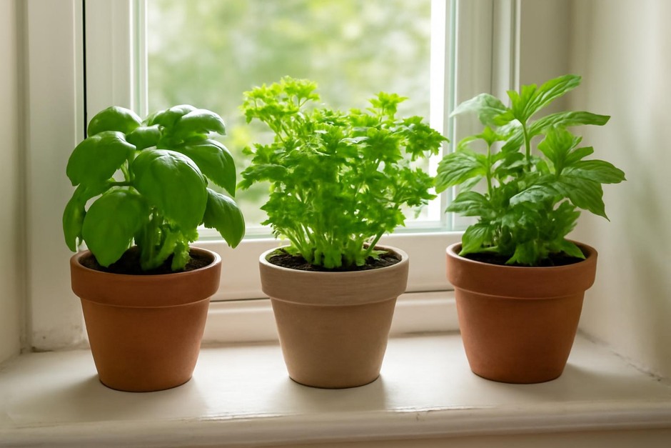 Small pots of basil, parsley, and mint on a sunny windowsill